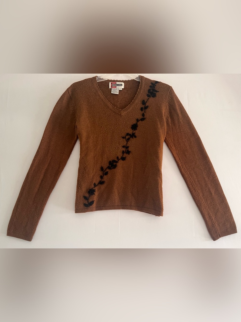Vintage Simon Chang Brown Floral Embroidered V-Neck Wool Knit Sweater M